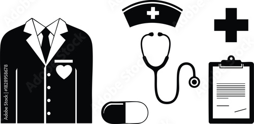 Flat design black medical icons of doctor coat with heart badge stethoscope nurse hat pill clipboard and cross symbol on white background