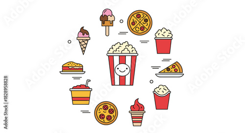 Circular arrangement of various junk food and snack icons like popcorn pizza and ice cream on a clean white background.