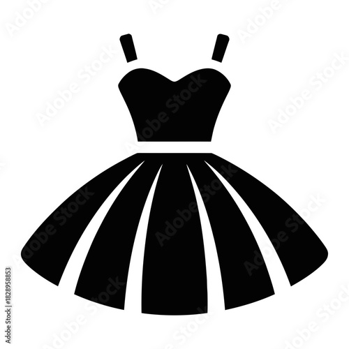 Black dress icon with a sweetheart neckline and flared skirt, symbolizing elegance, fashion, and special occasions for digital design projects