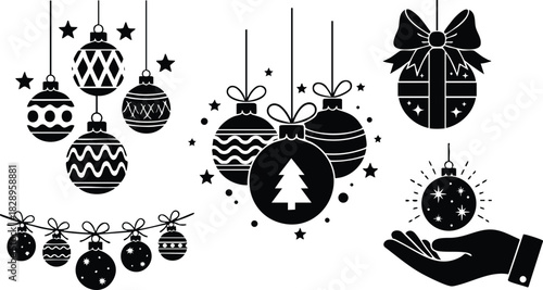 Monochrome vector art of hanging christmas baubles with stars garland ornament gift ball and open hand holding glowing decoration in festive minimal style
