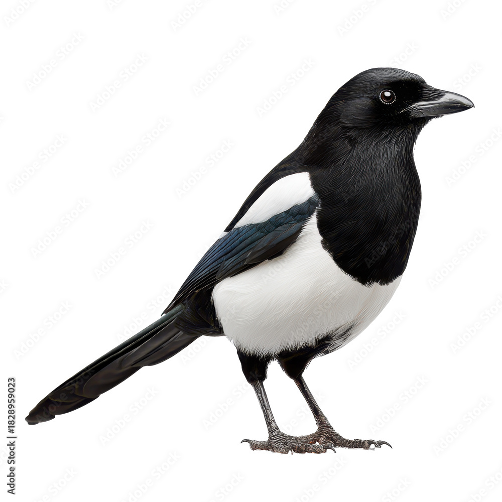 Fototapeta premium Magpie stands proudly on a surface with its striking black and white feathers in natural light during the daytime