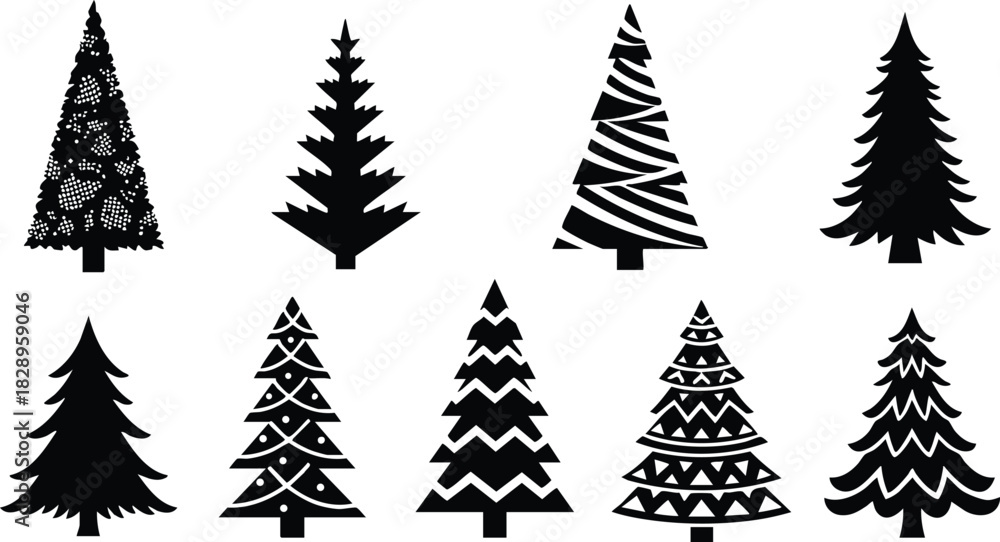 Obraz premium Black silhouette vector art of eight different christmas tree icons in two rows with geometric decorations and stylized branches for festive winter holiday design projects