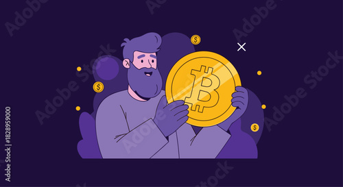 Happy bearded man holding a large shiny gold bitcoin coin representing cryptocurrency investment and digital finance success.