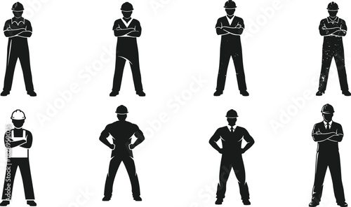 Collection of construction worker silhouettes standing confidently with crossed arms and hands-on-hips poses, representing industry strength, professionalism, labor, and workforce themes
