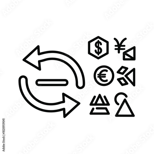 Currency exchange and global finance icons featuring dollar, euro, and yen symbols with various geometric shapes