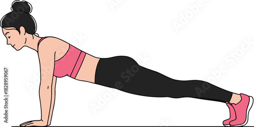 Plank exercise illustration with proper form, woman in athletic wear performing core workout, fitness and wellness vector design concept