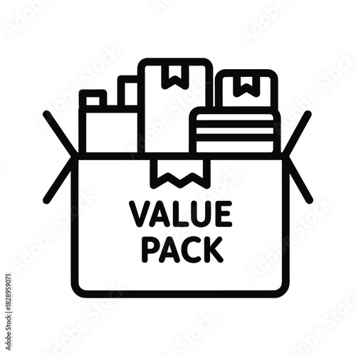 Value pack box icon with multiple products inside, representing a bundled offer, isolated on