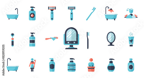 A large colorful collection of flat design bathroom and personal hygiene icons for beauty and self-care routine design.