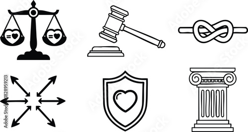 Minimalist line art legal icons with heart symbols including balance scale gavel shield knot arrows and classical column in black on white design