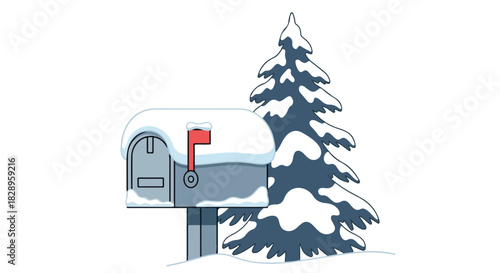 Winter Scene with Snowy Mailbox and Evergreen Tree for Holiday Greetings and Seasonal Mail Delivery