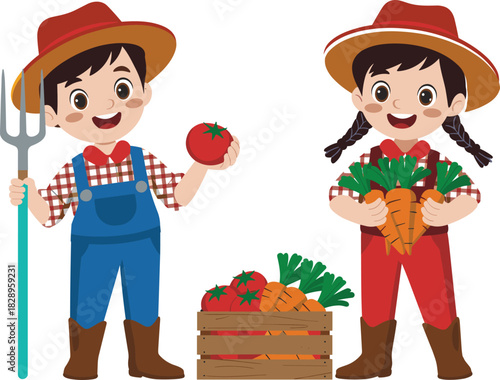 Cute cartoon farmer kids holding fresh vegetables, cheerful children harvesting tomatoes and carrots on farm, agriculture, gardening, healthy food, and rural lifestyle