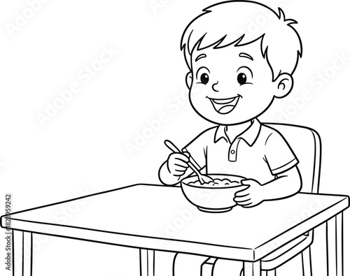 Happy cartoon boy smiling while sitting at a table and eating cereal or soup from a bowl, black and white line art vector illustration, simple mealtime coloring page