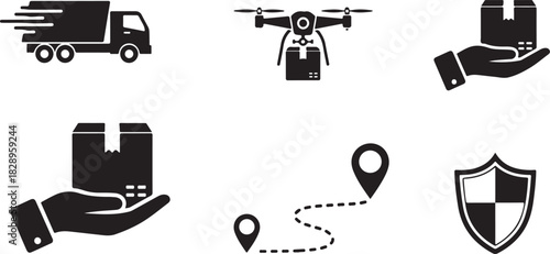 High-contrast silhouette delivery and shipping icon set featuring truck, drone, package handoff, map route, tracking pin, and secure shield on white background.