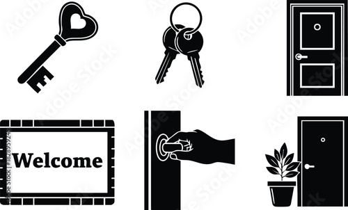 Flat design black home entrance icons with heart key keyring door front door with plant welcome mat and hand inserting key in lock