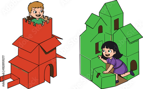 Cute children playing inside colorful cardboard playhouses, imaginative kids’ activity scene showing creativity, pretend play, fun learning, and indoor playtime adventure
