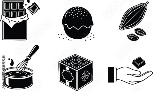 Monochrome vector art icons of chocolate bar truffle cacao pod melting bowl gift box and hand holding cube in minimalist flat style