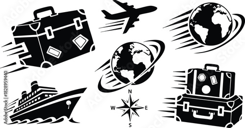 Monochrome travel vector art with flying suitcase cruise ship airplane and spinning globes around compass rose suggesting fast worldwide journey and transportation icons in motion