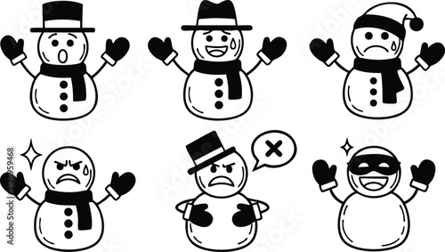 Black and white vector art of six cartoon snowman characters showing different emotions with hats scarves and masks arranged in two rows for winter christmas design projects