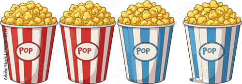 Popcorn container icon set illustration, four striped tubs with yellow popcorn and “POP” label, snack and movie theme vector design