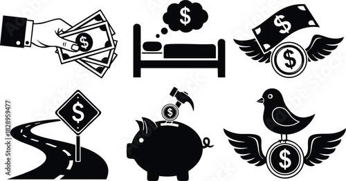 Monochrome finance icons set with flying money piggy bank savings hammer road sign and dreaming bed in flat vector art style
