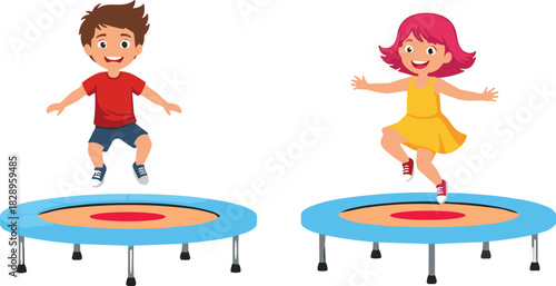 Happy kids jumping on trampolines, fun outdoor activity promoting fitness, balance, exercise, childhood play, energy, coordination, and healthy active lifestyle for children