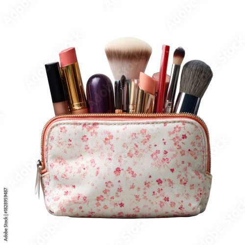 Makeup tools and brushes arranged in a floral pouch on a white background, showcasing beauty essentials for everyday use