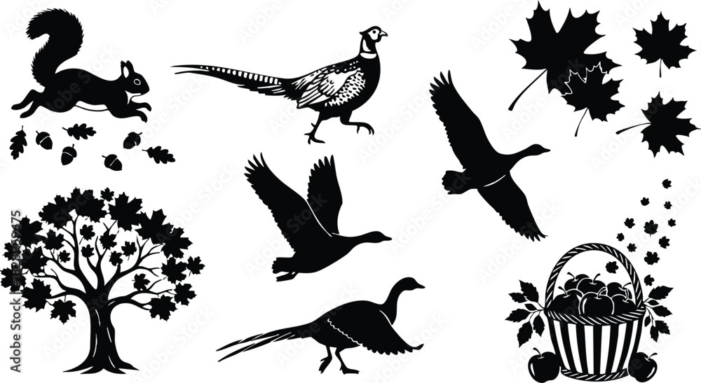 Obraz premium Black silhouette vector art of autumn forest animals birds oak tree maple leaves and apple harvest basket in simple seasonal set