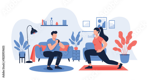 Young couple staying active and healthy by exercising together with squats and lunges in their modern living room at home.