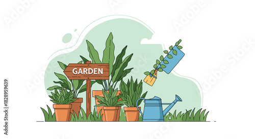 A beautiful home garden scene with various potted plants a watering can and a trowel on a patch of green grass vector.