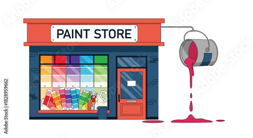 A cartoon illustration of a paint store with color swatches in the window and a can of red paint spilling on the street.