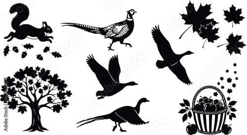 Black silhouette vector art of autumn forest animals birds oak tree maple leaves and apple harvest basket in simple seasonal set
