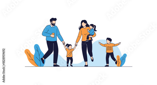 A happy young family with a mother father son and daughter are walking together and holding hands on a white background.