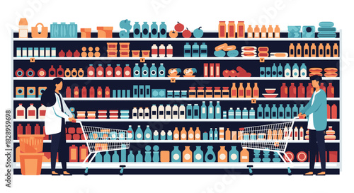 Man and woman with shopping carts choosing products from fully stocked shelves in a supermarket grocery store aisle view.