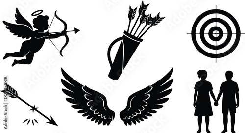 Flat silhouette vector art of cupid with bow and arrow wings quiver target and young couple holding hands symbolizing valentine love in simple black design