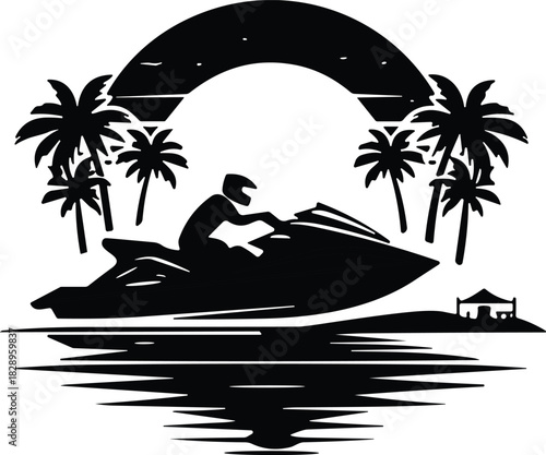 Silhouette of person riding jet ski on tropical beach with palm trees, ocean waves, sunset scenery, vacation adventure, summer fun, and water sports