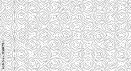 Abstract seamless geometric line pattern with interlocking star and diamond shapes for a modern black and white background.