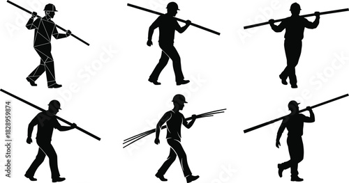 Silhouettes of construction workers carrying long poles and rebars in various walking poses, representing labor strength, industrial tasks, jobsite activity, and safety