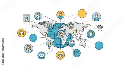 Global social network and communication concept with diverse people connected across the world map through various media.