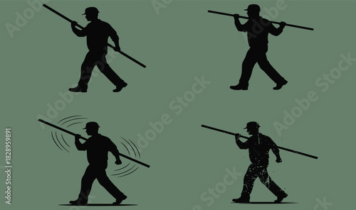 Silhouettes of construction workers carrying long poles in various walking poses, representing labor strength, industrial tasks, safety awareness, and jobsite activity