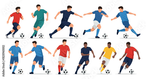Collection of diverse male soccer players in various dynamic poses running and dribbling the ball during a football match.