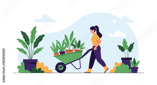 A young woman is pushing a wheelbarrow full of various potted plants for her beautiful and lush home garden hobby.