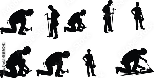 Silhouettes of construction workers using hammers, kneeling and standing, performing carpentry tasks, building, repairing, working on site, craftsmanship, labor, and trades