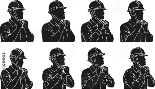 Silhouettes of construction workers securing safety helmets and adjusting protective gear, illustrating workplace safety procedures, industrial precaution, proper PPE use, and compliance