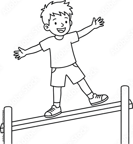 Happy cartoon boy with a wide smile balancing on a wooden beam or balance beam with arms outstretched, black and white line art coloring page vector illustration