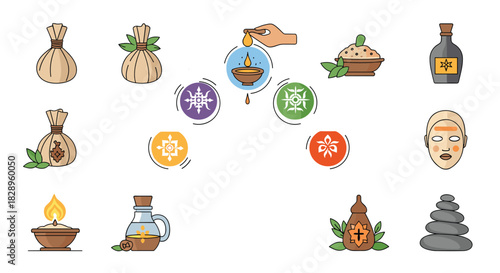 Set of icons representing ayurveda and alternative medicine including herbal treatments oils and spa therapy items.