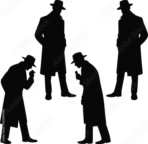 Silhouettes of detectives investigating clues, standing and examining evidence with magnifying glass, mystery crime scene concept for investigation, thriller, and detective themes