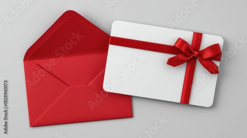 A red envelope holds a gift card that features a white design with a red ribbon. This setup is perfect for special celebrations like birthdays or holidays.