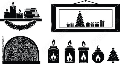 Festive black and white vector art with candles books fireplace logs framed christmas tree gifts garland wreath and holiday ornaments in minimalist silhouette style
