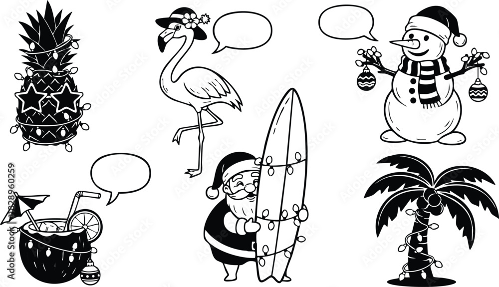 Fototapeta premium Tropical christmas vector art with santa holding surfboard snowman with ornaments flamingo pineapple cocktail palm tree and empty speech bubbles in black outline style