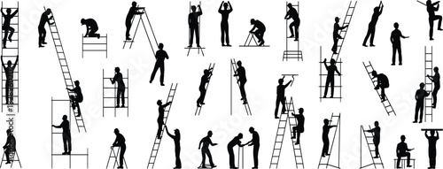 Silhouettes of workers climbing ladders and scaffolding, performing construction tasks, repairs, maintenance, and inspections, illustrating safety, labor, industry, and job activities